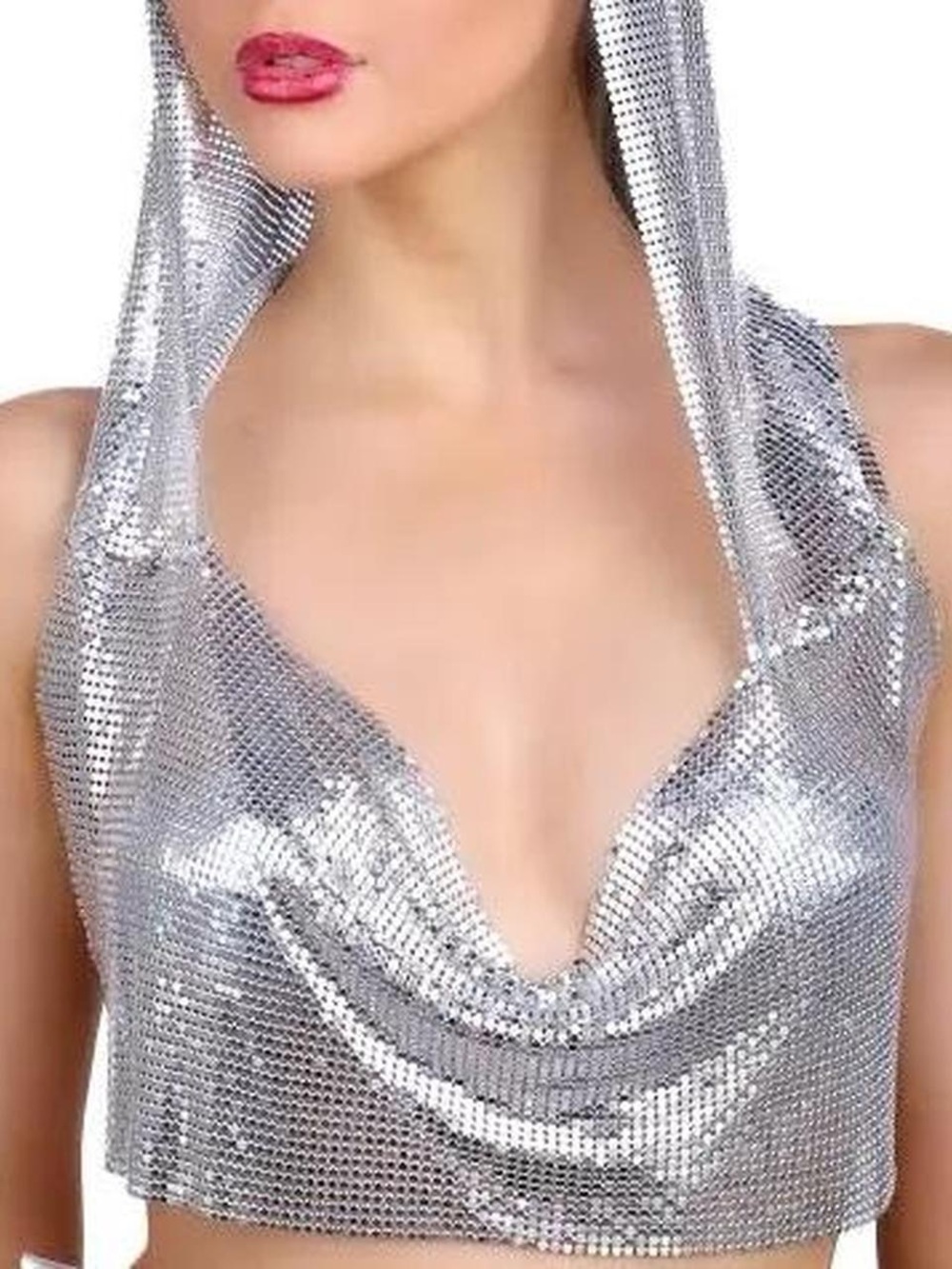 Silver Metallic Hooded Chainmail Crop Top